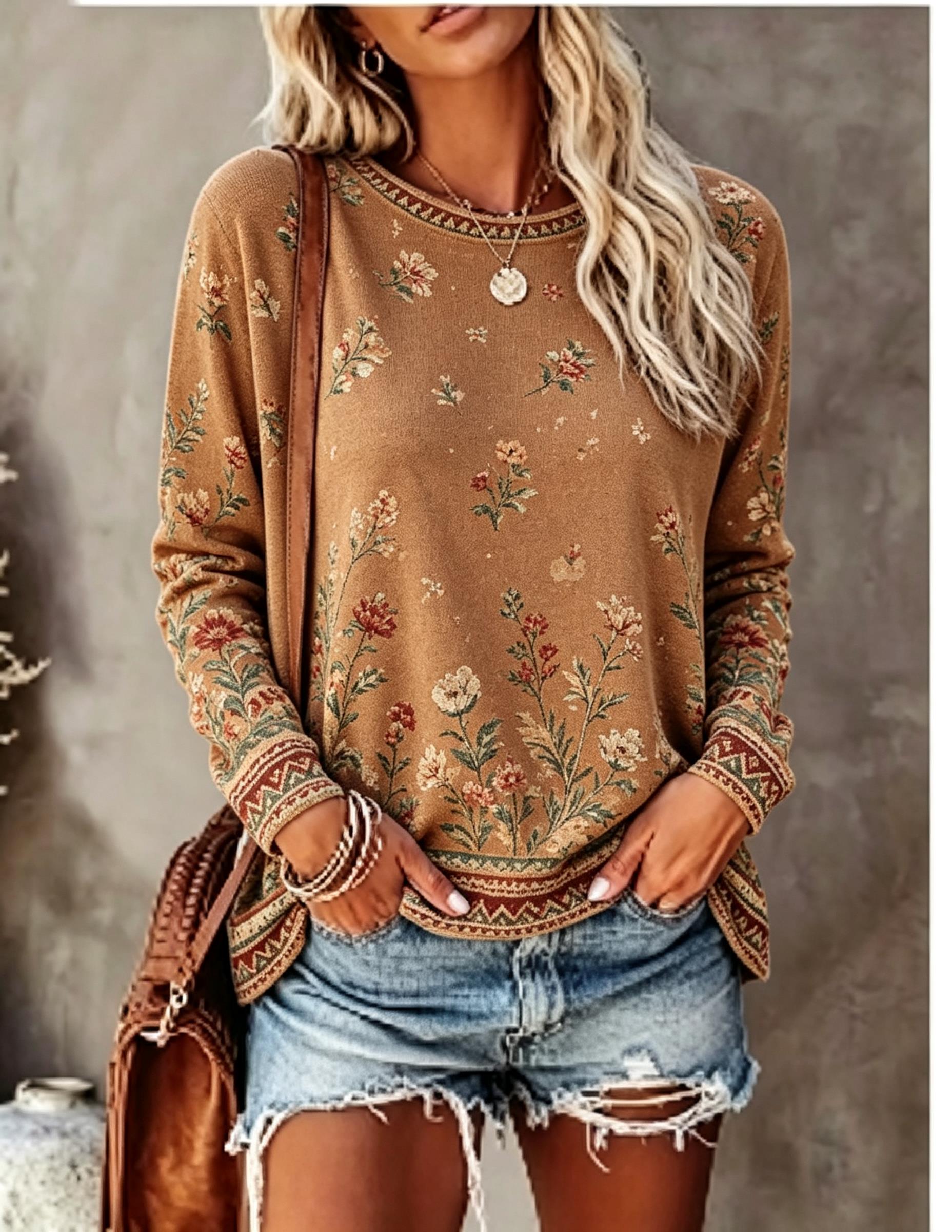 Winter Clothing For Women - 여성용 크루넥 긴소매 티셔츠, 빈티지 플로럴